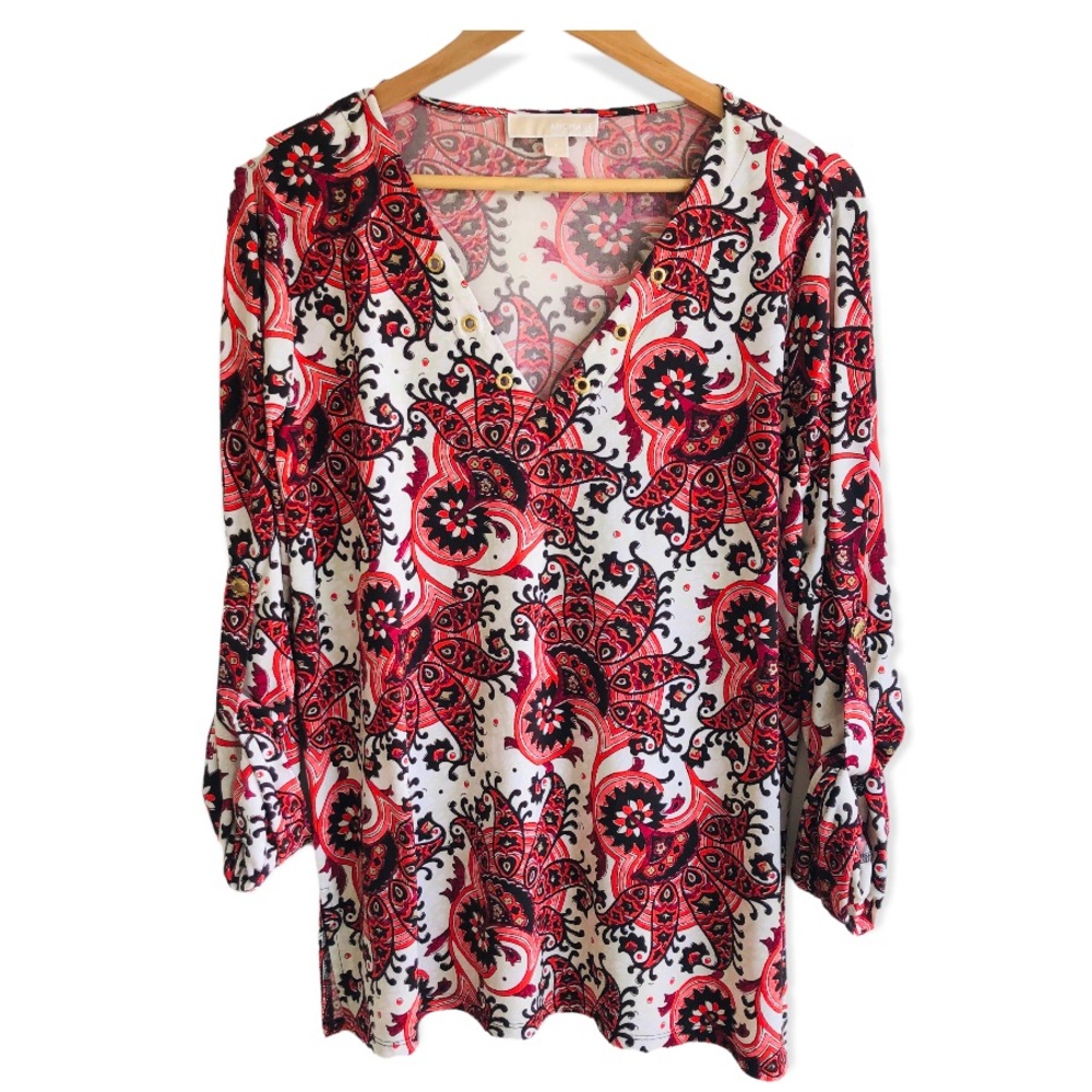 Michael Michael Kors Red Paisley Adjustable Long 3/4 sleeve Top Blouse L
